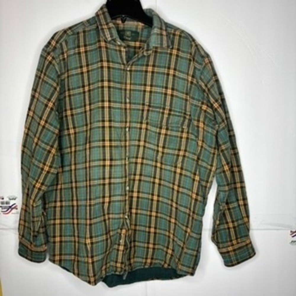 Orvis Plaid Flannel Long‎ Sleeve Button Up Shirt Green Yellow Black Outdoor